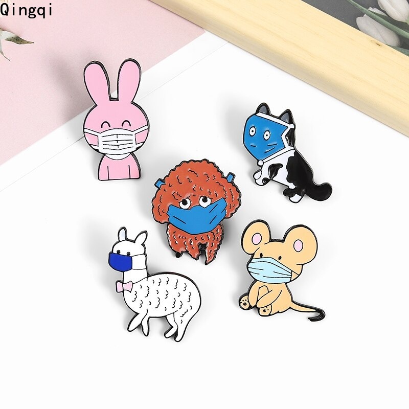 Bros Pin Enamel Desain Kartun Hewan Kucing Anjing Kelinci Tikus Alpaca Untuk Anak