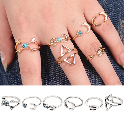 Hu Hu Hu Hu Hu Alat Bantu Pasang Kacamata♡ 6pcs Cincin Buku Jari Aneka Bentuk Warna Silver Untuk Wanita