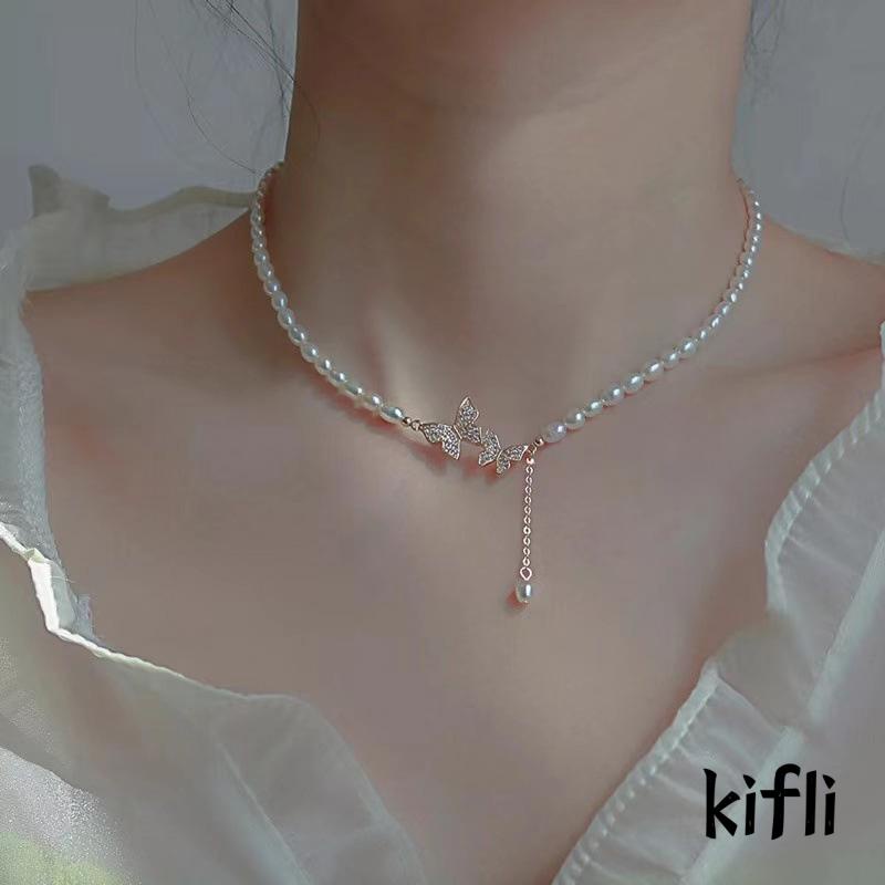 Butterfly Kalung Rantai Liontin Kupu-Kupu Hias Zircon + Mutiara Mewah Ringan Untuk Wanita (KD)