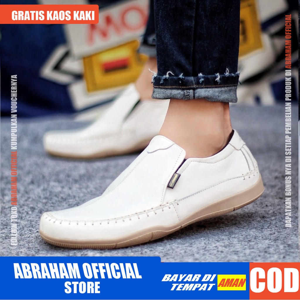 ABRHM X DIVOC Sepatu Slip On Pria Sepatu Casual Kerja Pria Sepatu Pria Cowok/Cowo Kulit Asli Sepatu Kasual Slop Anti Slip Semi Formal Kerja Kuliah Gaya Santai Keren Kekinian Original Murah Terlaris