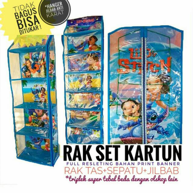 FREE ONGKIR ORGANIZER SET 3in1 KARAKTER BLUE PUSH RAK GANTUNGAN JILBAB SEPATU TAS RESLETING