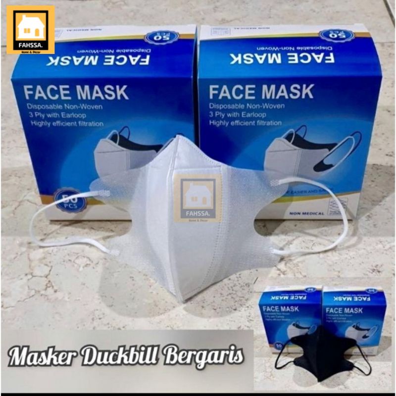Masker Duckbill Bergaris 1 Box Isi 50 Warna Hitam dan Putih | Duckbill Face Mask