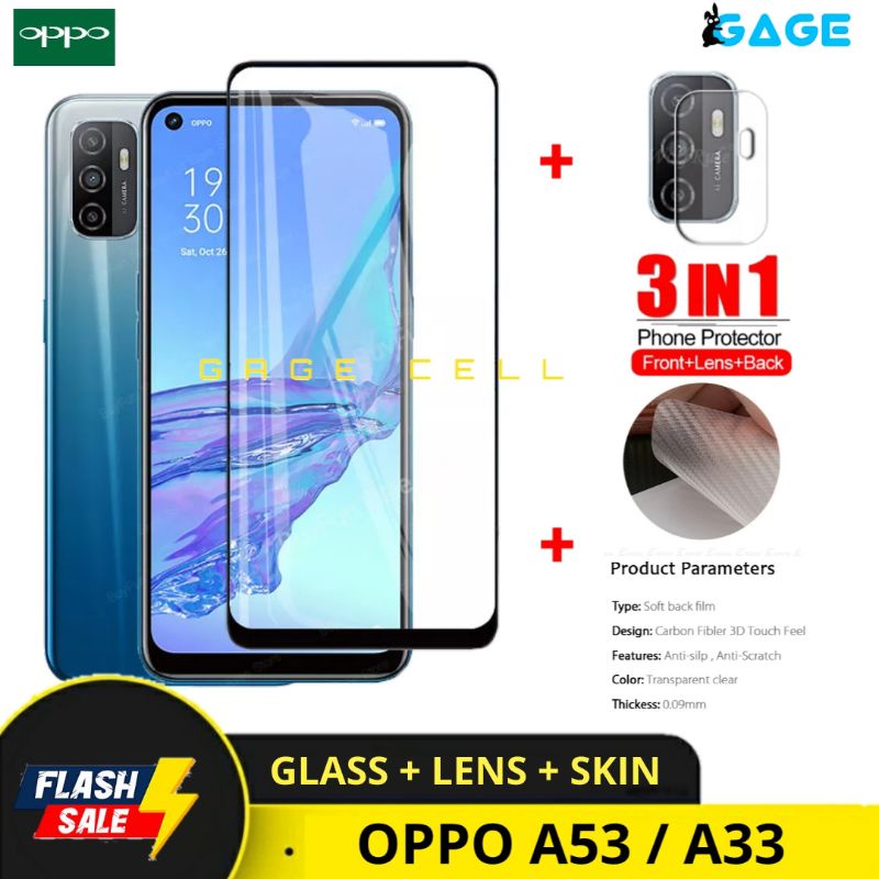 PAKET 3IN1 TEMPERED GLASS SKIN CARBON OPPO A53 A33 - TG ANTI GORES FULL LAYAR OPPO A53 A33 SCREEN