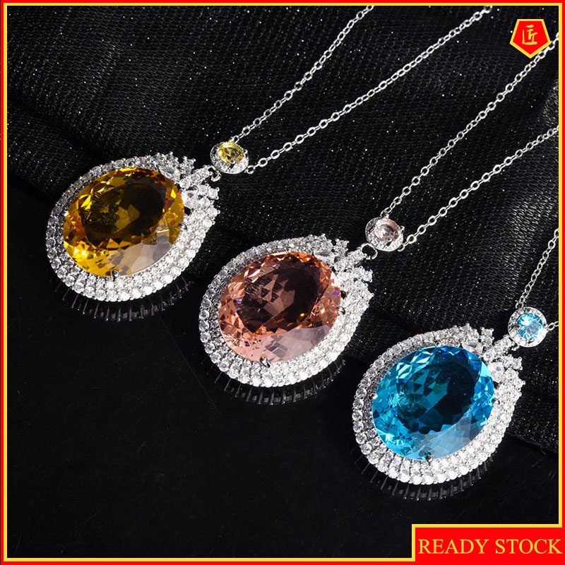 [Ready Stock]Large Diamond Golden Colored Gems Pendant Micro-Inlaid Full Diamond Elegant Fashion