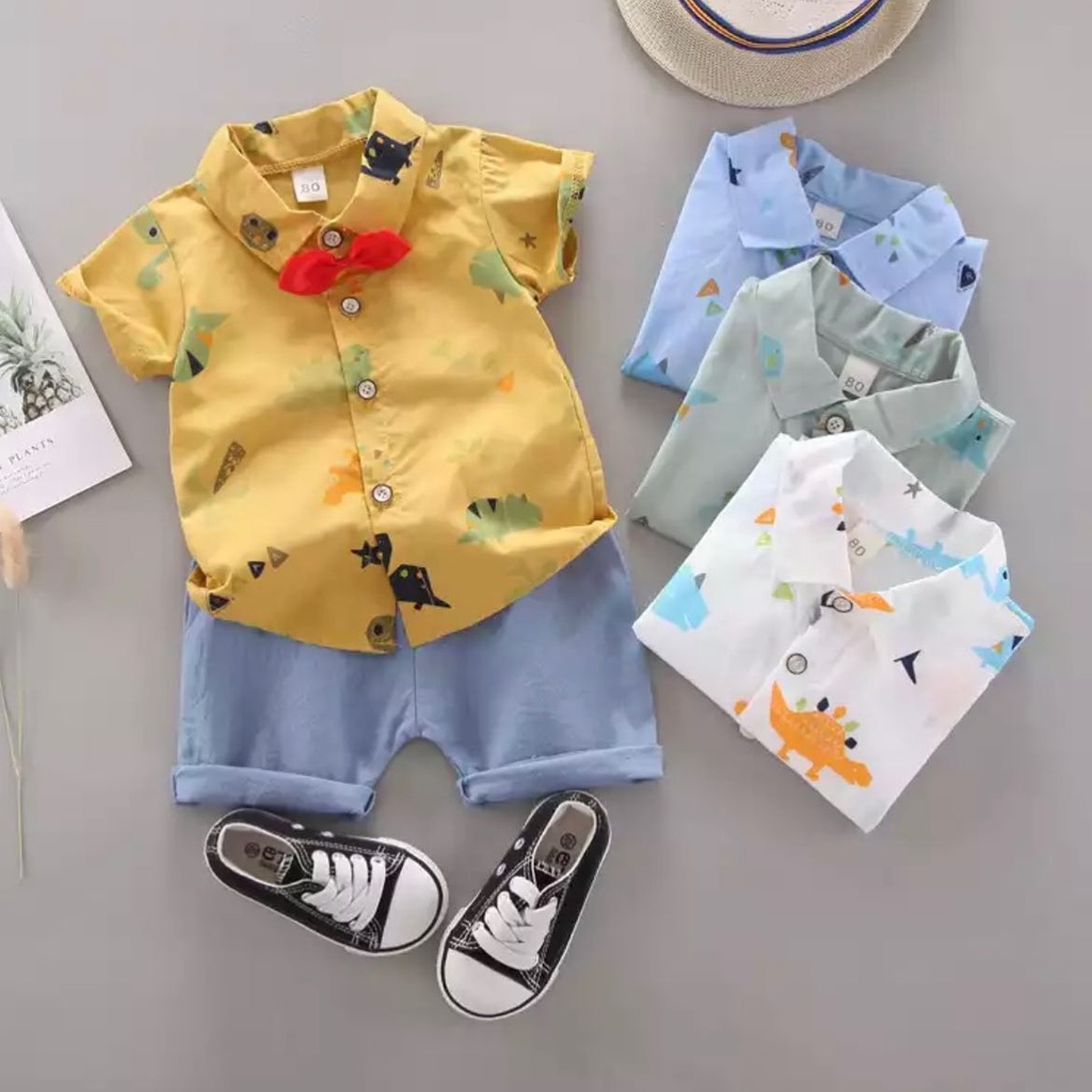 KEMEJA ASLI IMPORT SPORTY DINO 11 MOTIF Setelan Kemeja Celana  Dasi Pergi Jalan Fashion Anak Bayi Cowok Laki Terlaris lucu