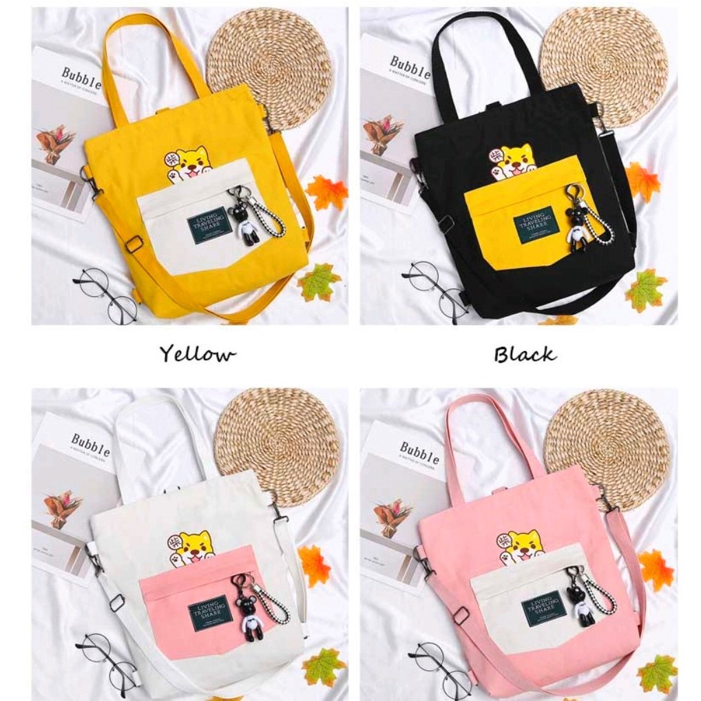 Twenty Bag - Tas Tote Bag Wanita Resleting Terbaru 2022 Aesthetic Kekinian Motif Carakter LIVING DOG Korea Style Multifungsi