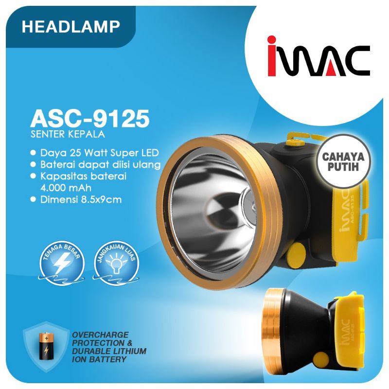 Senter Kepala 25 Watt Emergency Imac asc-9126W LED Warna Putih Senter Kepala 25watt Darurat Super Te