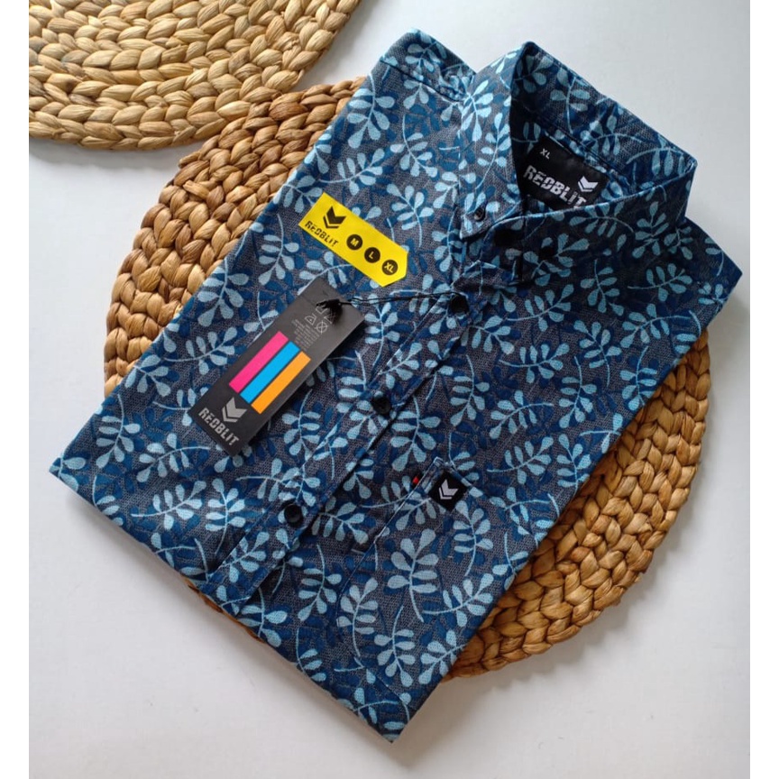 01 Real Pic Kemeja Motif Lengan Pendek merek REDBLIT Bahan Rami/Linen-GAMBAR 6