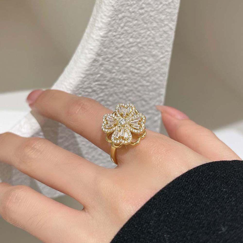 [Elegan] Berputar Zirkon Cincin Kepribadian Teman Hadiah Perhiasan Pesta Romantis Warna Emas Kincir Mewah Berlian Imitasi Wanita Jari Rings