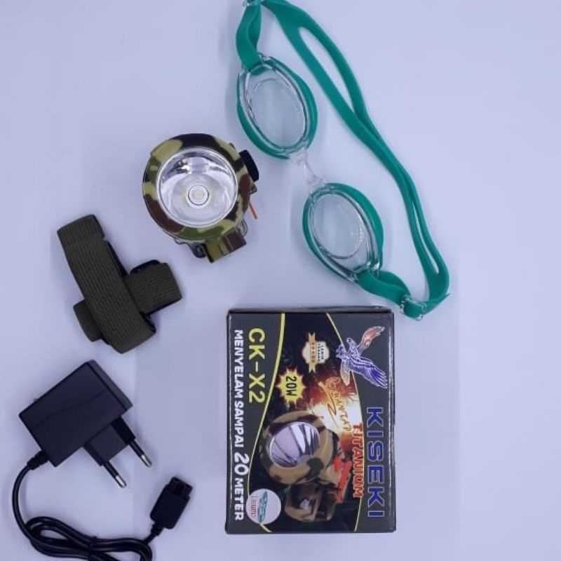 Senter Kepala Tahan Air Kiseki Original CK-X2 20watt Senter Kepala Diving Bonus Kacamata Renang