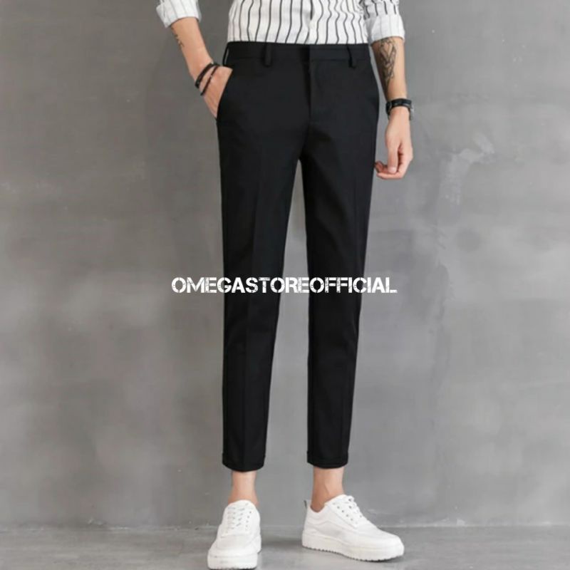 OMEGASTOREOFFICIAL - Celana Ankle Pants Pria (formal, bahan, kantor, kain, kerja) Panjang Slimfit - Hitam