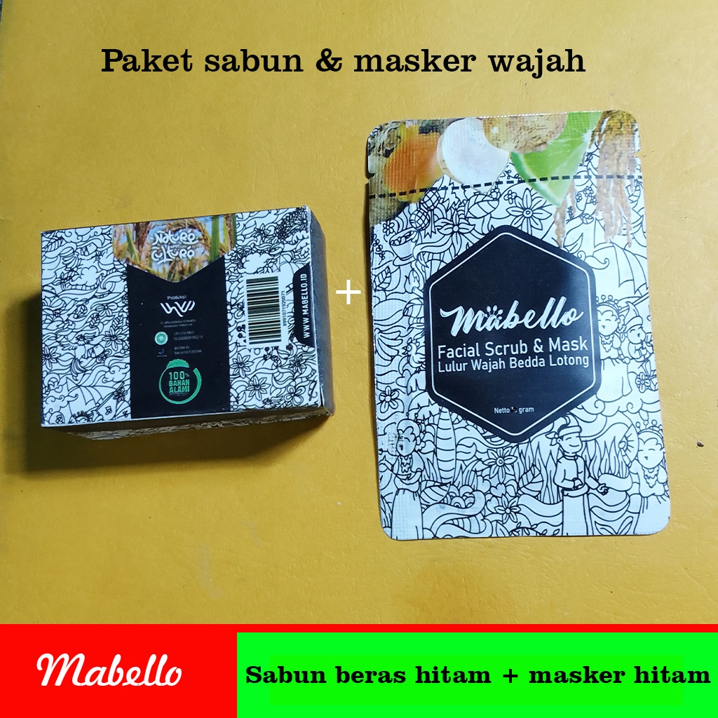 Mabello paket sabun beras hitam dan masker lulur wajah bedda lotong facial scrub paket skincare glowing mabelo beda lotong