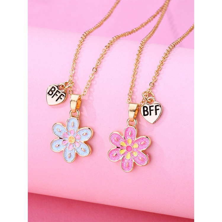 2pcs / Set Kalung Rantai Dengan Liontin Bunga Warna Biru Pink Untuk Anak Perempuan