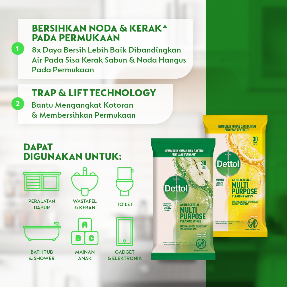 TISU BASAH DETTOL ANTIBACTERIAL MULTI PURPOSE CLEANING 30 LBR WIPES TISSUE SERBAGUNA