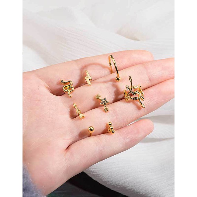 LRC Anting Tusuk Fashion Golden Diamond Leaf Snake Star Stud Earrings Set D63514