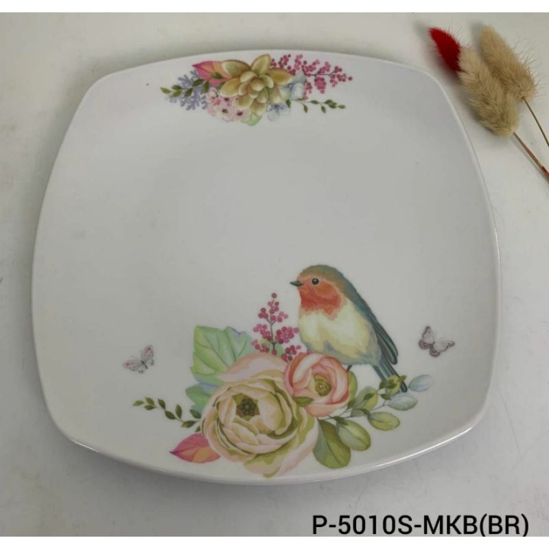 PIRING MELAMIN KOTAK/ SEGI PUTIH MOTIF BUNGA