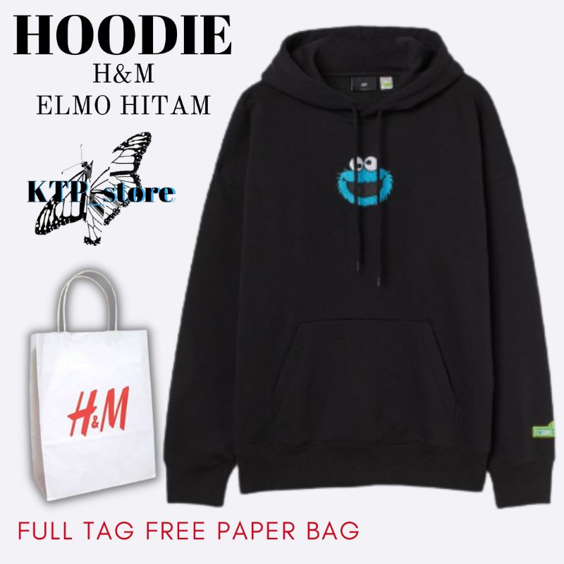 SWEATER HOODIE H&M SESAME STREET ELMO HITAM BORDIR FULL TAG H&M FREE PAPER BAG JAKET SWEATER PRIA WA