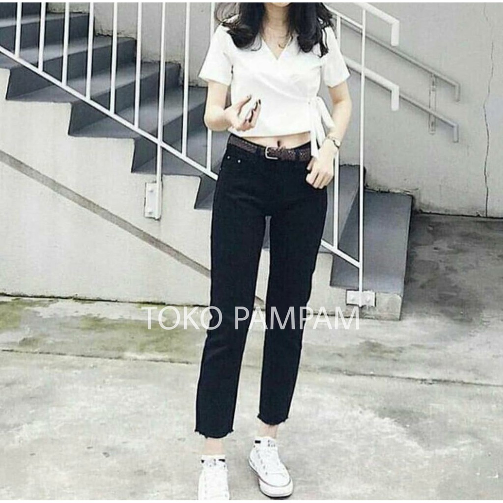 highwaist boyfriend jeans black / hitam unfinished cut sobek bawah PAMPAM
