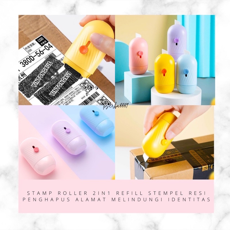 LITTLE MOLLY | [FREE TINTA REFIL] Stamp Roller 2in1 Stempel Penghapus Data Identitas Resi Paket