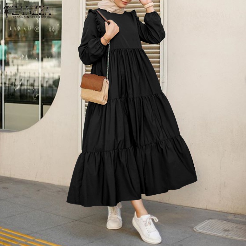 ZANZEA Women Long Sleeve Ruffled Casual Tiered Layered Muslim Long Dress