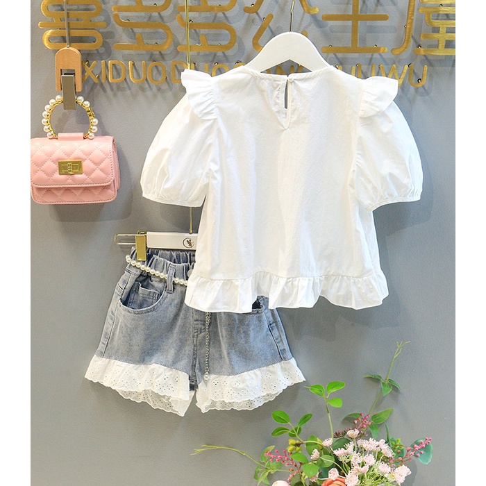 babyfit OCCHY setelan kemeja dengan celana hotpants jeans set scrunchy tali pinggang belt mutiara import al-0208r