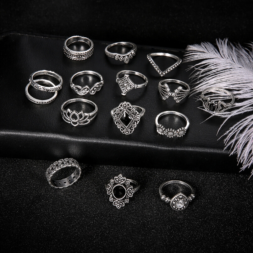 15 Pcs/Set  Fashion Silver Midi  Finger Ring Set / Ladies Smooth Fine Thin Finger Ring  / Vintage Punk Black Gemstone Rings