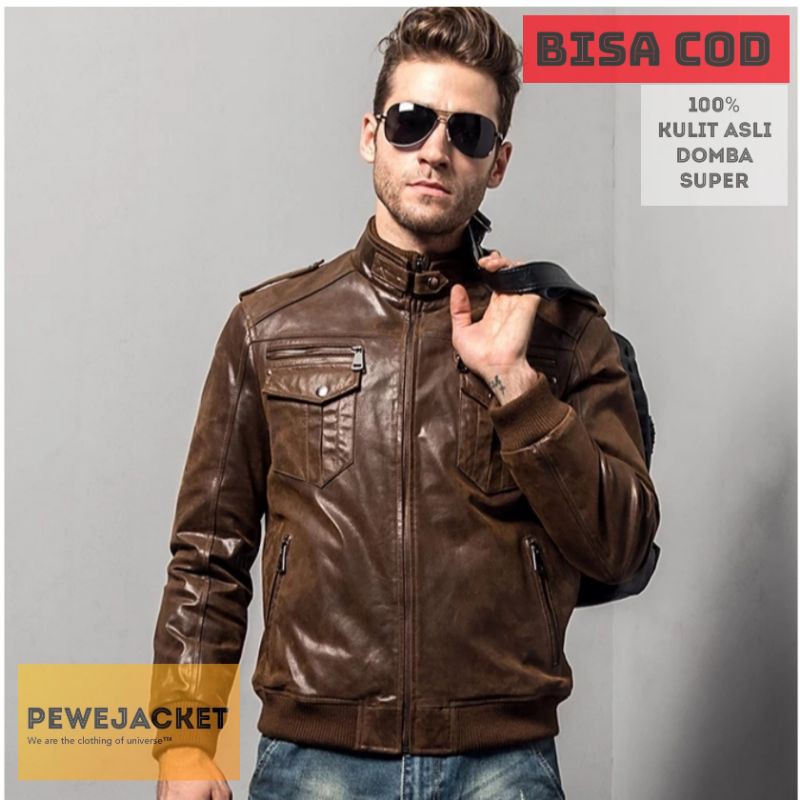 JAKE PRIA KULIT ASLI DOMBA SUPER MODEL BOMBER WARNA COKLAT TUA