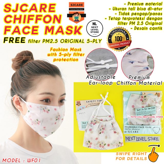 Chiffon Fashion Face Mask Breathable Masker Kain BONUS FILTER PM2.5 - WF01