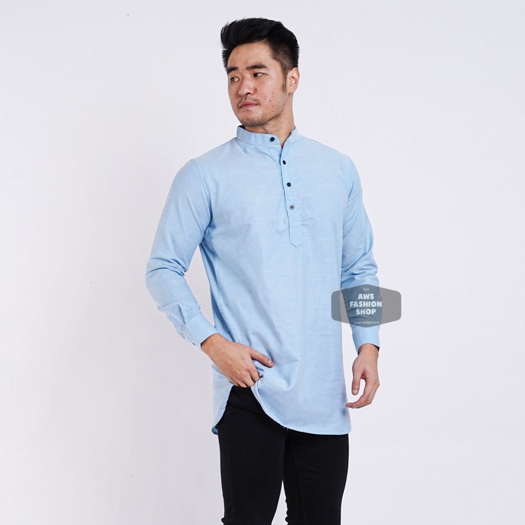 Baju Koko Lengan Panjang Kemeja Kurta Pria Cowok Biru Muda Polos Kerah Shanghai Ada Big Size