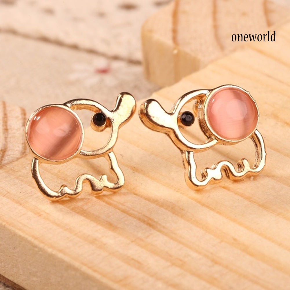 OW# Cute Women Faux Opal Inlaid Hollow Elephant Shape Ear Stud Earrings Jewelry Gift