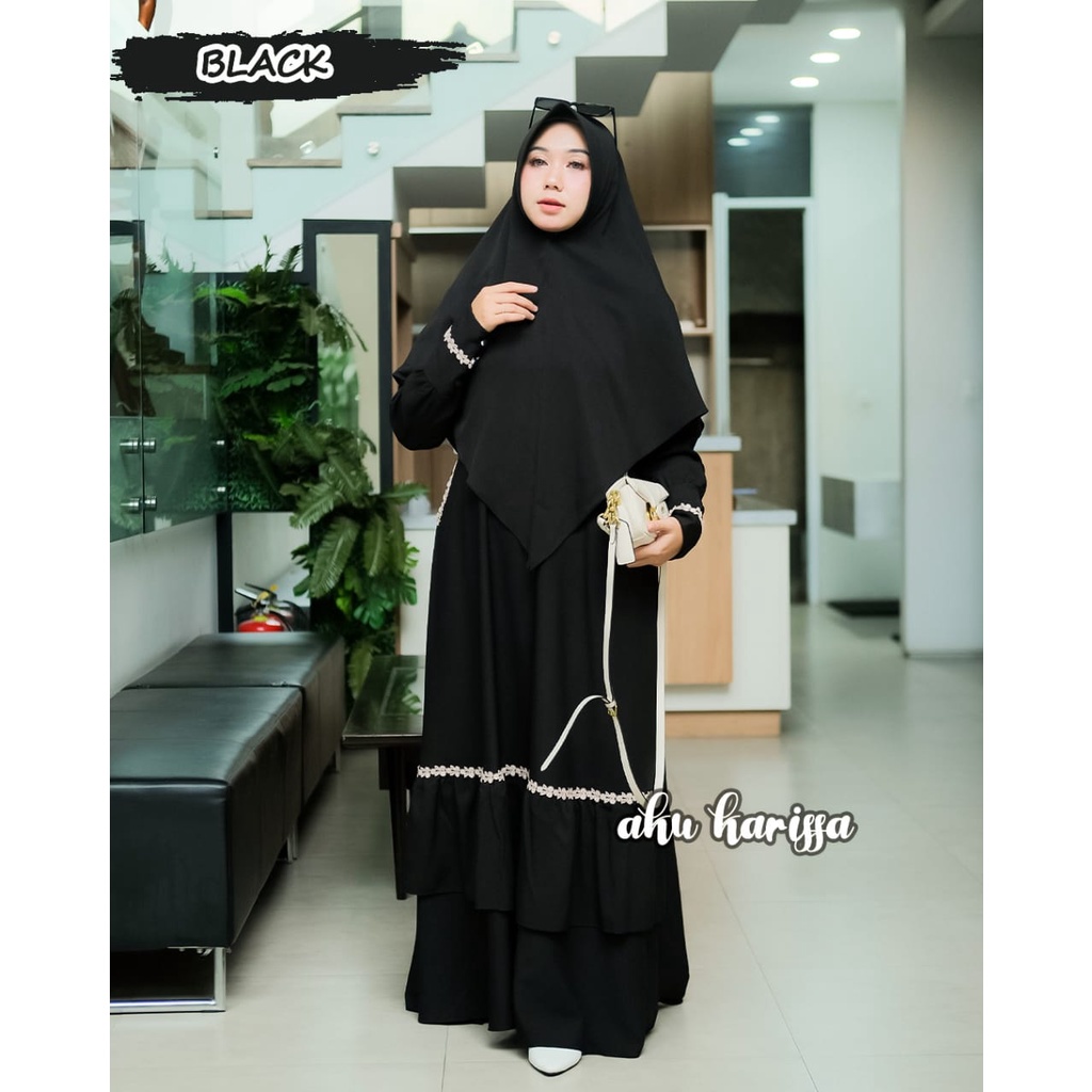 Gamis set khimar KHALINDRA KASANDRA original Aku Karissa cringkle itycrepe terbaru OOTD lebaran series seragaman syari polos renda estetik