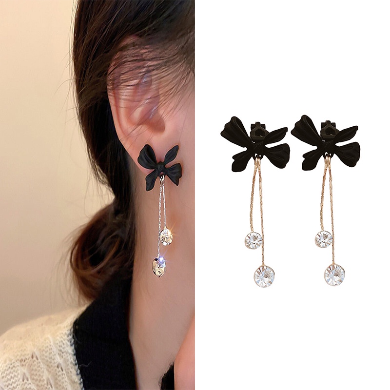 1 Pasang Anting Tusuk Gantung Desain Pita Besar Warna Hitam Hias Berlian Untuk Wanita