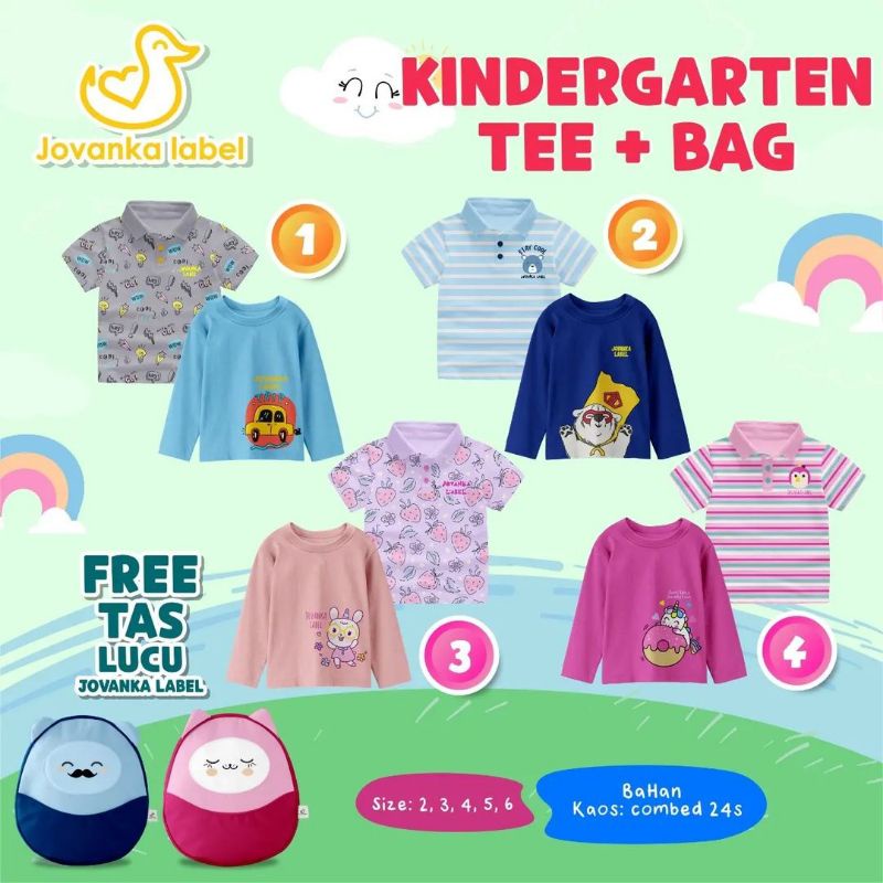 KINDERGARTEN TEE (Kemeja Kaos Lengan Panjang dan Pendek) + BAG  (Tas) JOVANKA LABEL SIZE 2/3/4/5/6 T