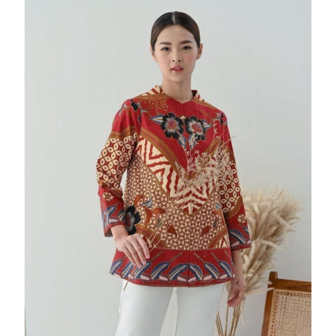 blouse batik abstrak jahitan premium jahitan butik full  lapis trikot model simpel batik seragam ata