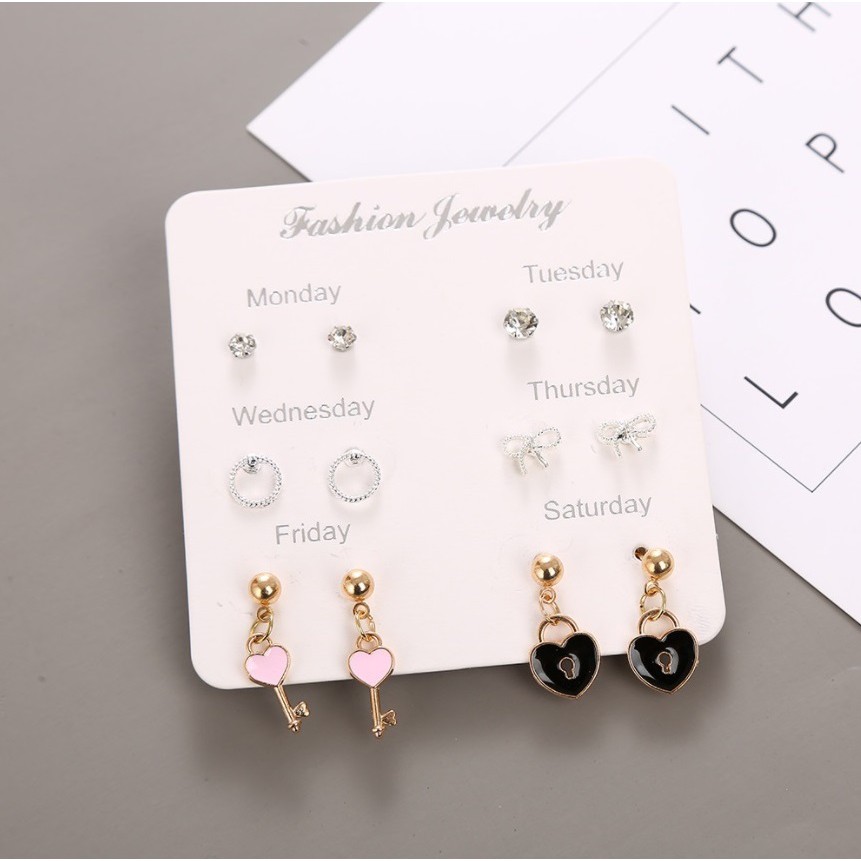 6 Pasang Anting Set #16 GEMBOK Tindik Tusuk untuk 1 Minggu Korea Fashion Earrings Pria Wanita Stud