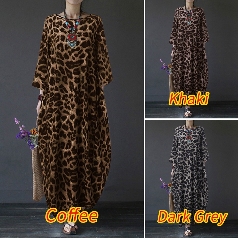 ZANZEA Women Long Sleeve Leopard Print Plus Size Long Dress