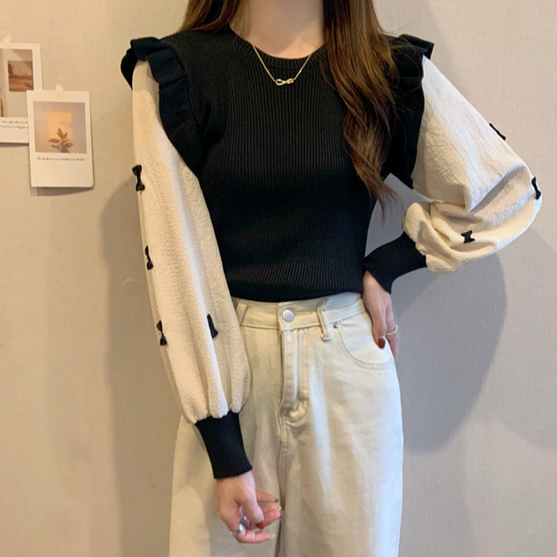 Wanita busur jahitan lengan panjang sweater musim semi 2022 baru slim fit slimming wear wear mengacak-acak leher bulat sweater