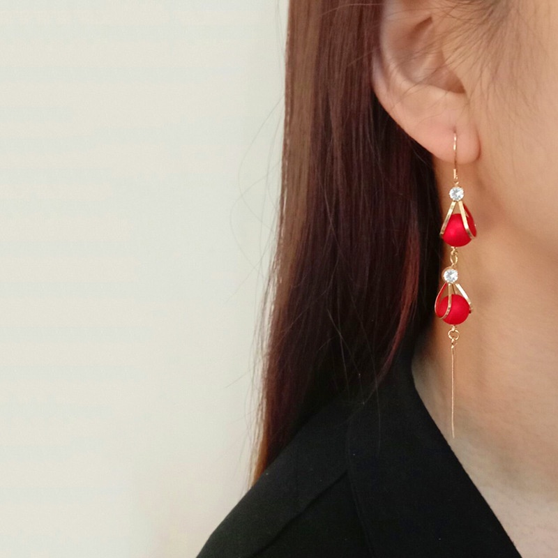 Korea air drop rumbai fashion all-match online influencer halus mutiara merah anting-anting wanita K