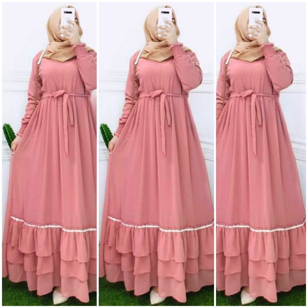 amelia maxi ceruty bebydoll renda susun /gamis syarii ceruty bebydoll motif/ gamis  fashion muslim terbaru