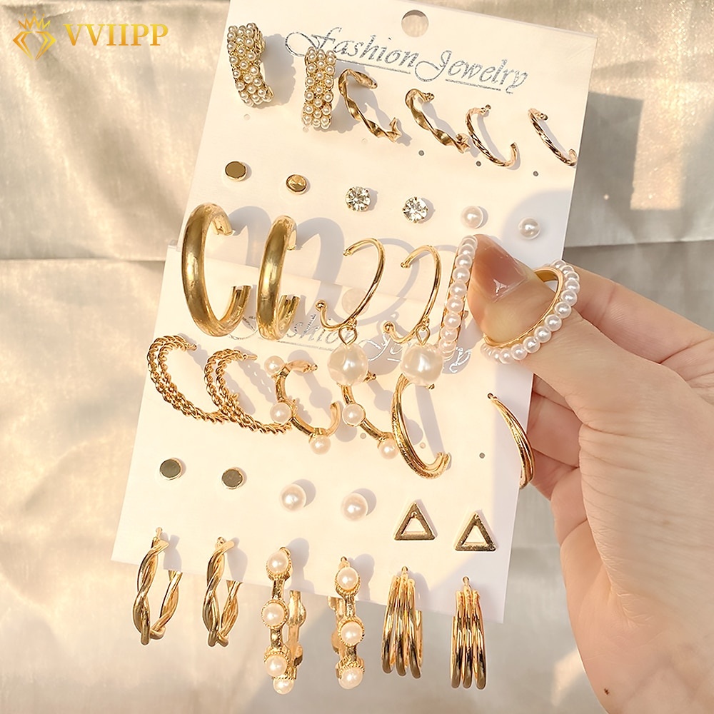 12 Pcs / Set Anting Bentuk Lingkaran Geometris Kupu-Kupu Hati Mutiara Warna Emas Gaya Korea Retro Untuk Wanita Earrings