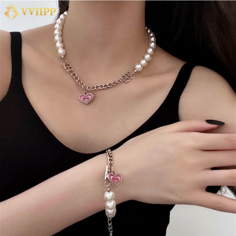 Kalung Dan Gelang Rantai Choker Liontin Hati Warna Pink Aksen Mutiara Untuk Wanita