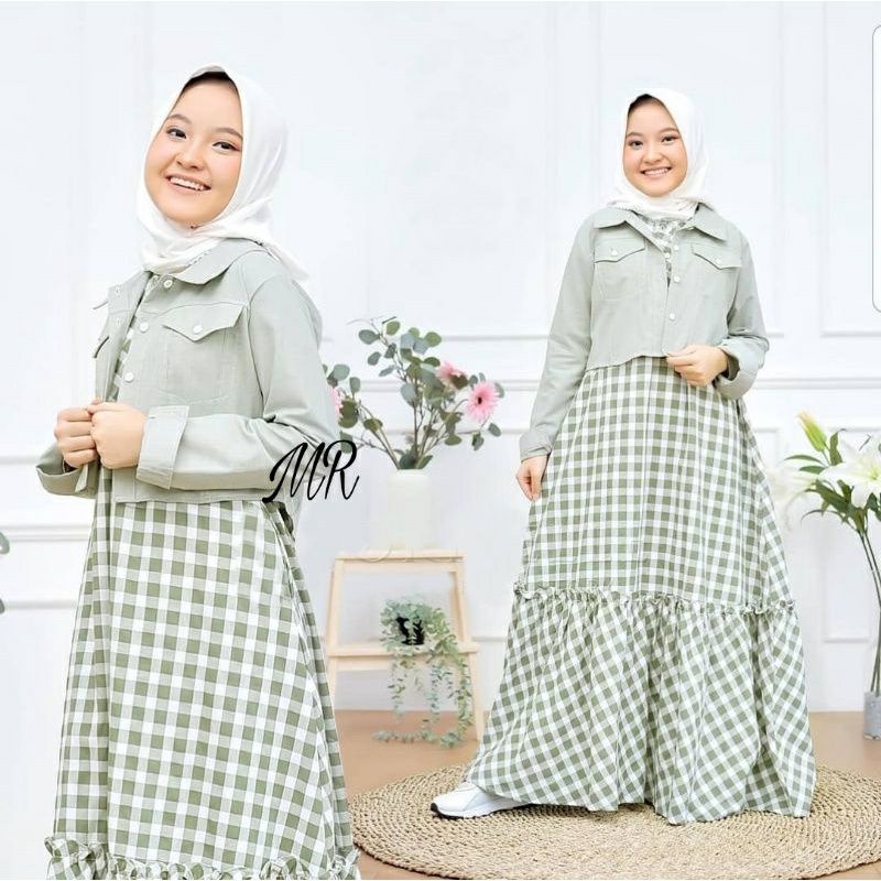 set dress anak plus cardigan terbaru motif kotak JANICE baju gamis anak perempuan umur 7-9 tahun ter