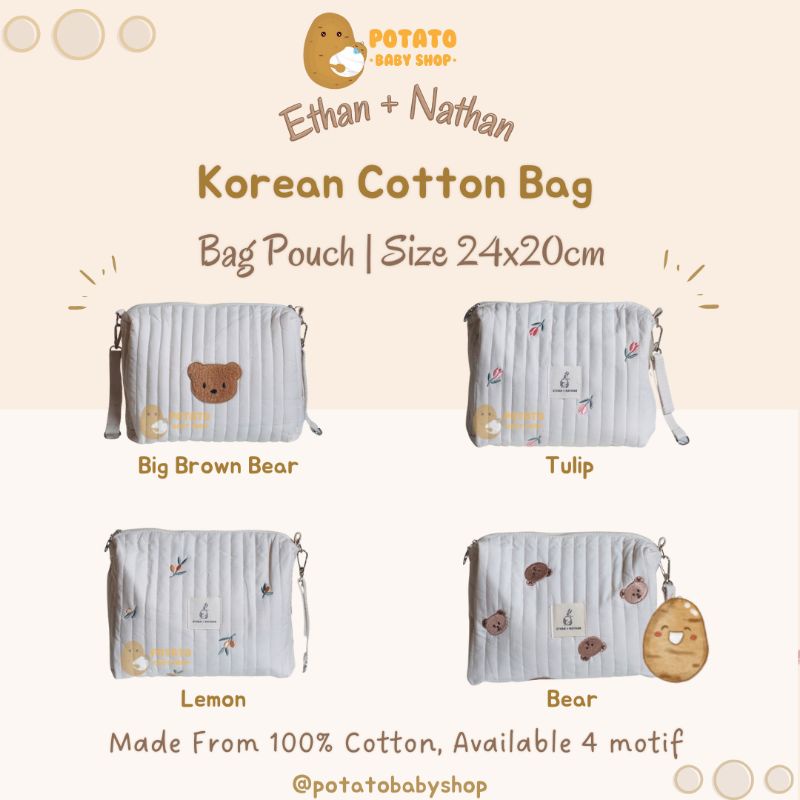 Ethan + Nathan Cotton Bag Pouch Korean Bear Tulip lemon