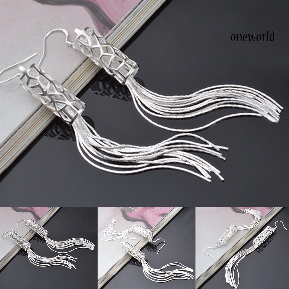 OW@ Women Fashion Silver Plated Long Chain Tassel Hook Dangle Linear Earrings Gift