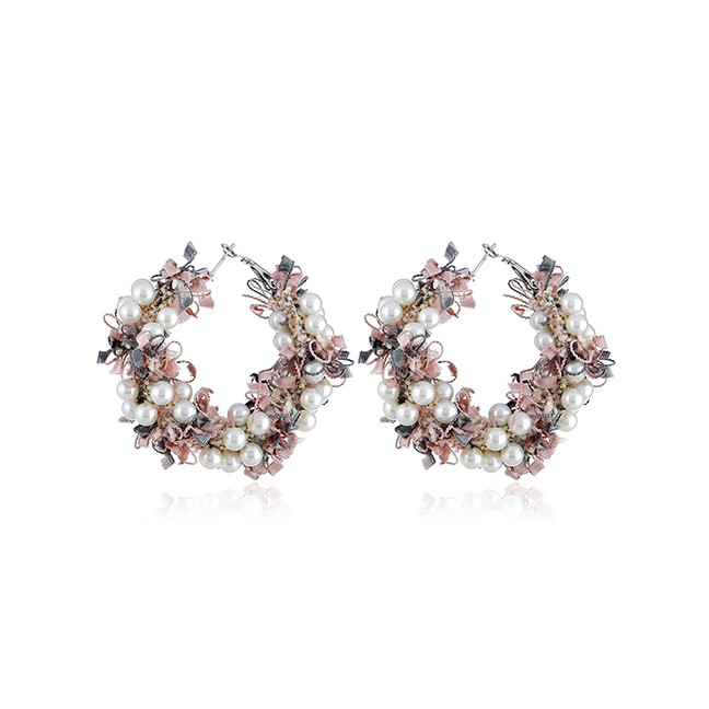 LRC Anting Tusuk Fashion Pink Alloy Garland Pearl Earrings D28747