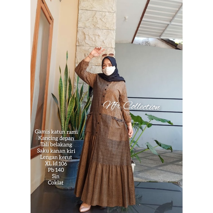 gamis katun rami kancing depan busui motif kotak ld 106 ld 100