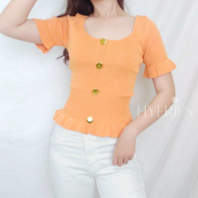 HYERIES Luna Top Atasan Casual Wanita Korea Kriwil Knit Top Square Neck Rajut Lengan Pendek