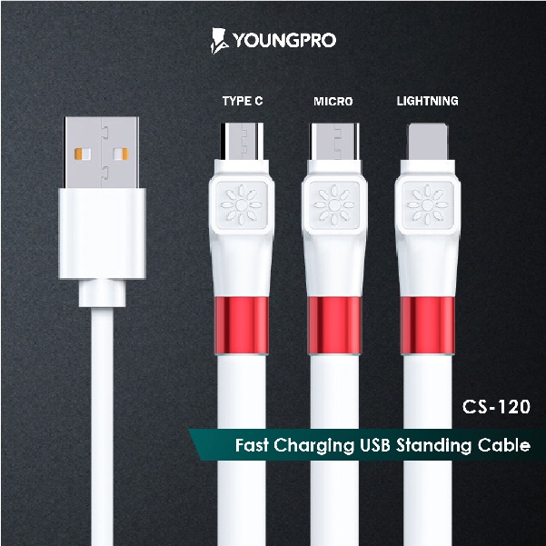 YOUNGPRO CS-120 - Kabel Data Stand USB TYPE C 3A Cable Data Charge Standing 120cm Kabel Cas HP Berdiri Fleksibel Untuk Nonton Film atau Rekam Video