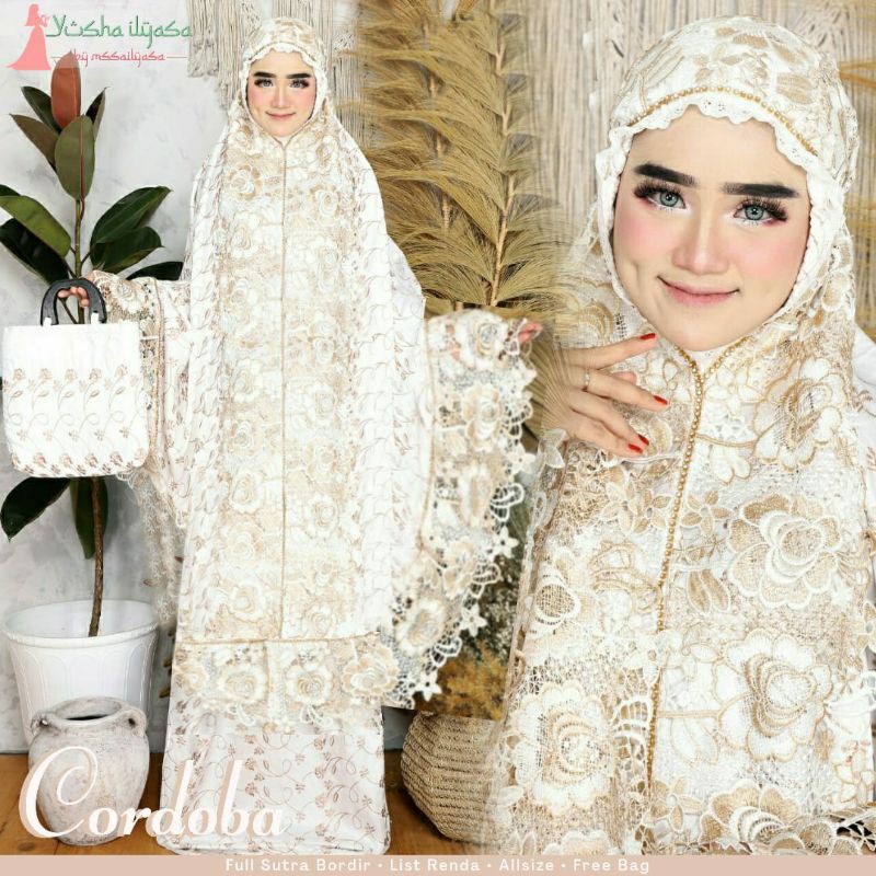 MUKENA CORDOBA FULL SUTERA BORDIR ORIGINAL YUSHA / MUKENA SUTERA PUTIH MEWAH