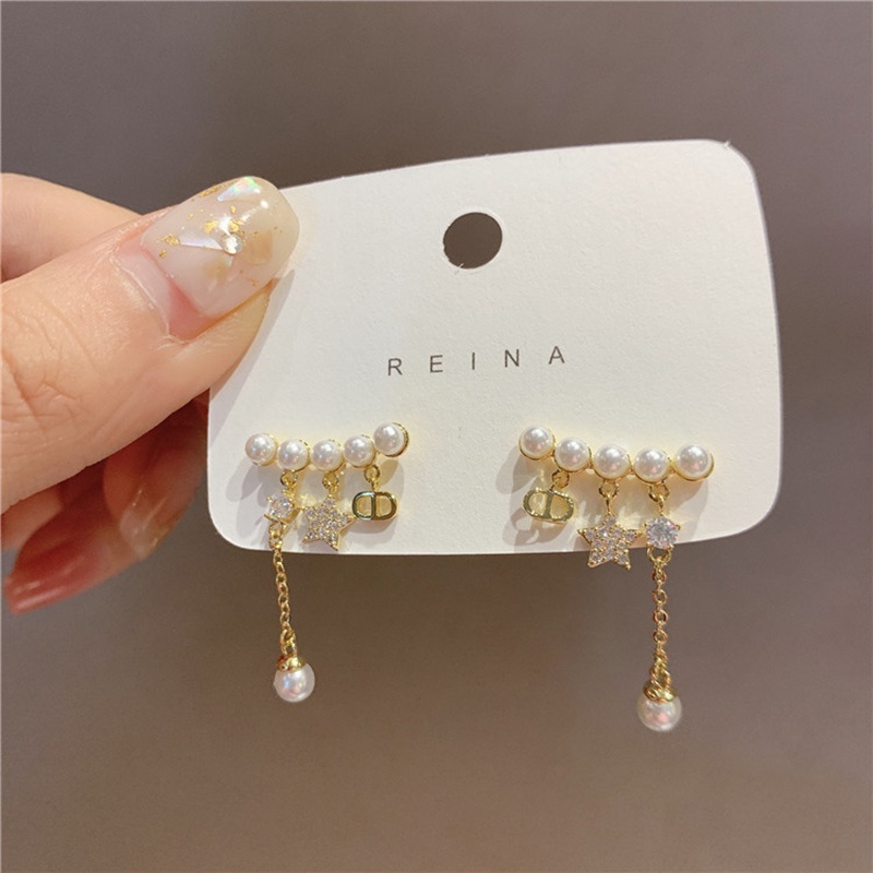 Anting Tusuk Gantung Desain Geometri + Bintang + Tulisan Hias Mutiara + Berlian Imitasi Gaya Korea Untuk Wanita